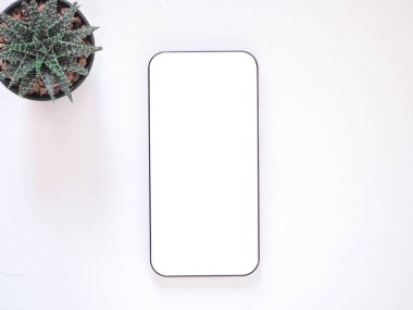 Üst manzara, beyaz beyaz beyaz ekranlı akıllı telefon ve beyaz ahşap arka planda kaktüs. Şablon, ürünün metin ve logosu için cep telefonu boş ekran maketi