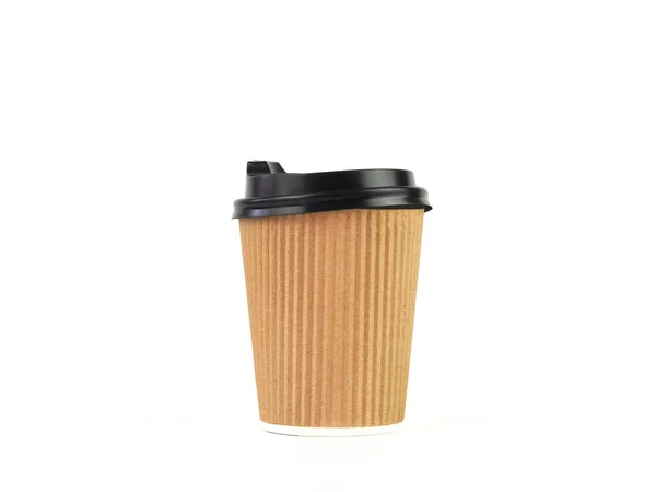 Brązowy Kubek Kawy Jednorazowego Użytku Wieczkiem Izolowanym Białym Tle Szablon — Zdjęcie stockowe