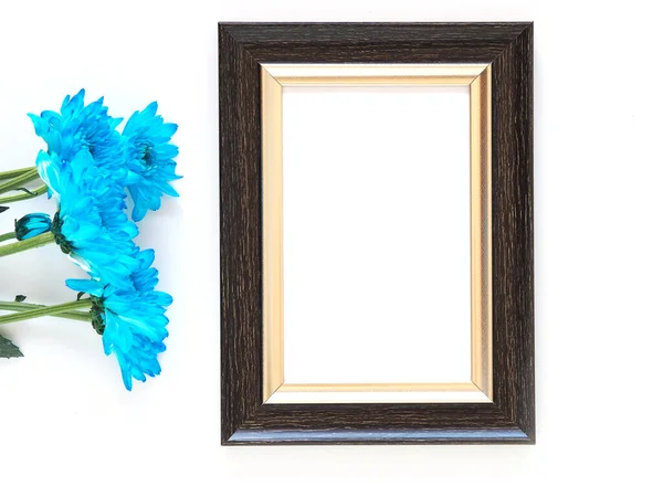 Marco Fotos Borde Rectángulo Madera Flores Azules Crisantemo Sobre Fondo —  Fotos de Stock