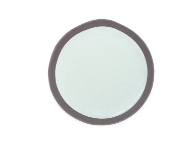 Üst manzara, beyaz arka planda gri kenarlı boş yeşil yuvarlak seramik plaka. Ev ya da restoran, yemek tasarımı. Mutfak aksesuarı.