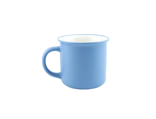 白い背景に隔離されたコーヒーまたは紅茶のための空の青いマグカップ 家庭やレストラン 食品のデザインのために使用します コンセプトキッチン用品 — ストック写真