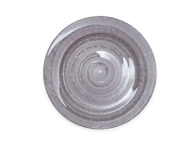 Üst manzara, beyaz arka planda izole edilmiş beyaz ve koyu gri çizgileri olan boş yuvarlak gri palet. Ev ya da restoran, yemek tasarımı, mutfak aksesuarı.