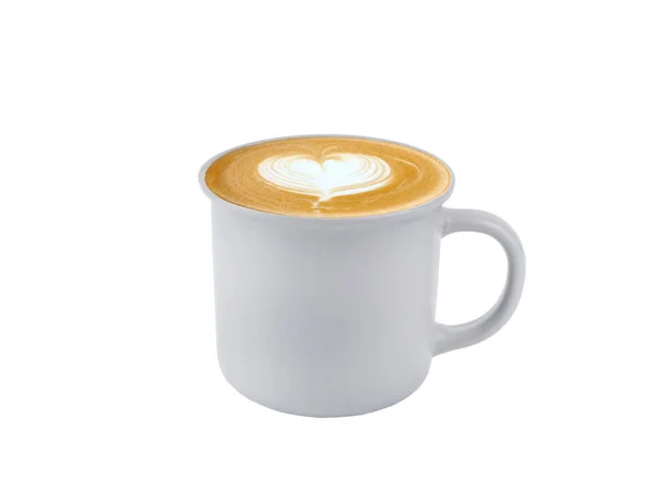 Hot Latte Coffee Art Heart Shape Grey Ceramic Mug Isolated — Stock Photo, Image