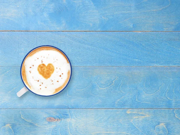 Hot Latte Coffee Art Heart Shape White Ceramic Mug Blue — Stock Photo, Image