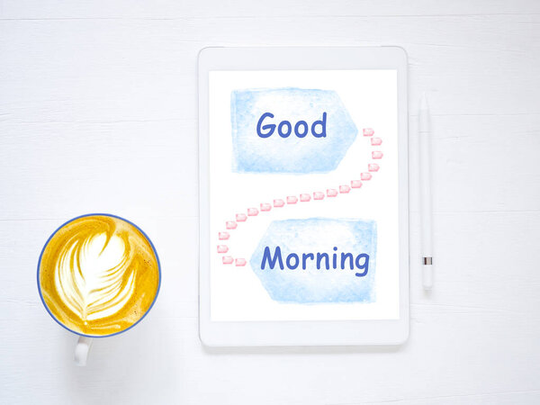 Texte Bonjour Sur Aquarelle Bleue Sur Écran Numérique Tablette Tasse — Photo