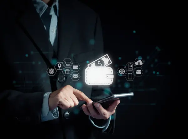 Çevrimiçi işlem konsepti. İş adamları çevrimiçi işlemler için cep telefonu kullanırlar. para transferi, ürünleri çevrimiçi satın alma, bir internet ağı bağlantısı üzerinden bankacılık.