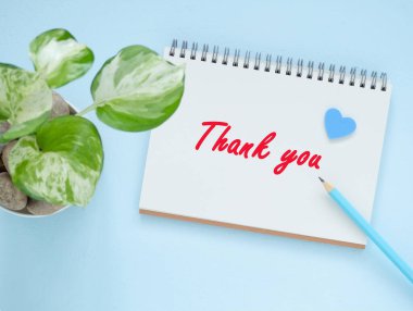 Mavi ortancalı kalem ve defterin en üstteki boş sayfası, mavi ahşap arka planda 