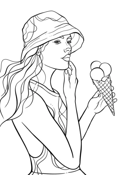 Portrait illustration of a woman holding an ice cream in a bucket hat, ink line art drawing
