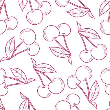 Kırmızı kiraz vektör çizgisi çizgisi beyaz arkaplan kazandı, pürüzsüz tekrarlayan duvar kağıdı