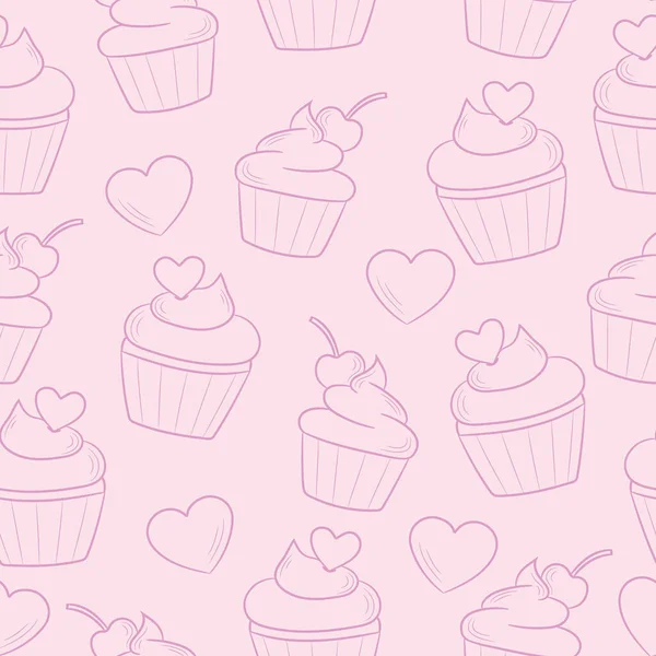 Lindo Cupcake Línea Arte Pastel Patrón Rosa Fondo Repetitivo Sin — Archivo Imágenes Vectoriales