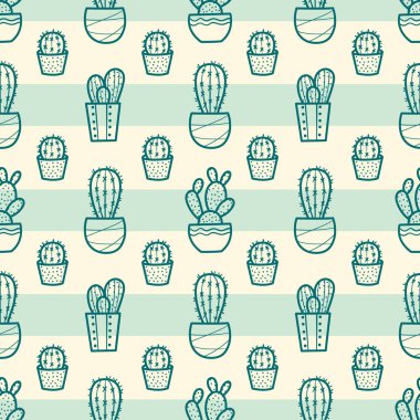 Dikenli kaktüs vektör deseni, el çizimi ev bitkileri dikişsiz arka plan, yeşil duvar kağıdı