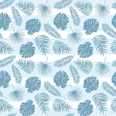 Çizgili mavi tropikal yaprak deseni, pürüzsüz vektör yinelemesi yaz için dağınık yapraklarla