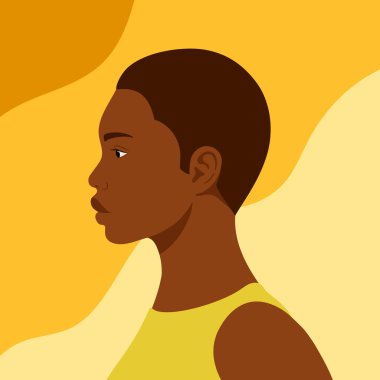 Afrikalı kadın yan profil çizimi, kısa saçlı, sarı bluzlu, düz karakter çizimi