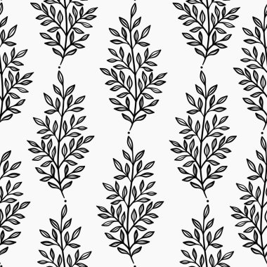 Siyah ve beyaz botanik yaprak deseni, tırmanma şarapları, raster dijital mürekkep çizimi