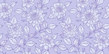 Zarif mor çiçekli arka plan, el çizimi yıldız çiçekleri, monokromatik dikişsiz desen, bahar ya da yaz için kadın detaylı duvar kağıdı..