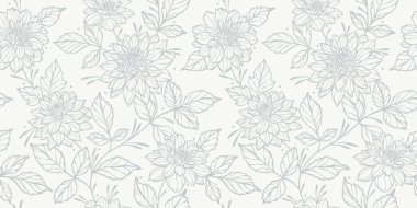 El çizimi dahlia illüstrasyonları, kusursuz tekrarlayan duvar kâğıdı, zarif, nötr, klasik dantel esinlenmiş arka plan tasarımı olan beyaz çizgili sanat çiçekli vektör deseni..