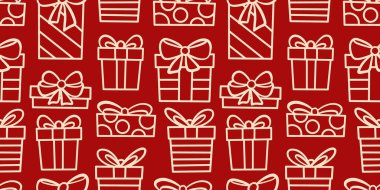 Kırmızı Noel mevcut vektör motifi arka planı, hediye kutusu pürüzsüz tekrar duvar kağıdı veya tekstil baskısı, el çizimi sanat öğeleriyle basit tatil arkaplanı.