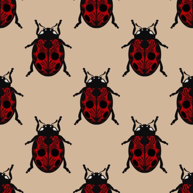 Kırmızı uğur böceği kusursuz tekrarlama deseni, böcek çizimi tekrarlayan arka plan süslemeli böcek