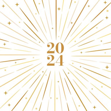 2024 yeni yıl güneş patlaması tebrik kartı konsepti tasarımı, yıldızlı altın bayram poster arka planı