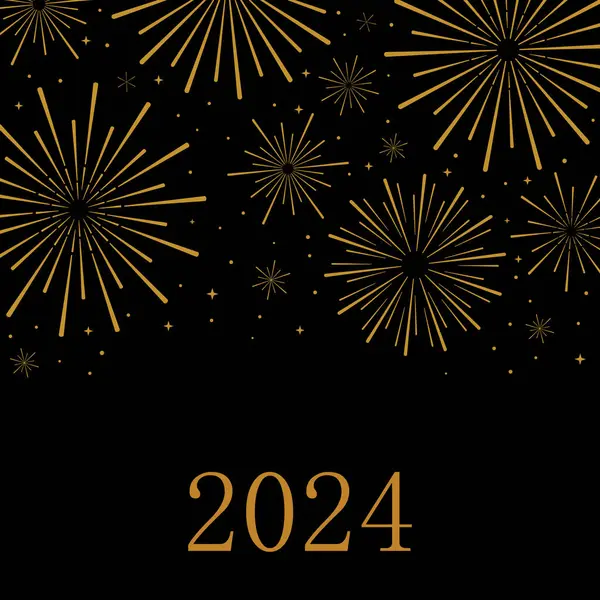 Siyah ve altın havai fişek vektör posteri, 2024 mutlu yeni yıl tebrik kartı tasarımı, yıldızlı zarif lüks kutlama geçmişi