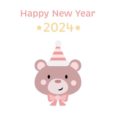 Sevimli 2024 mutlu yeni yıl klibi sanat illüstrasyonu, tatil için oyuncak ayı selamı, izole edilmiş.