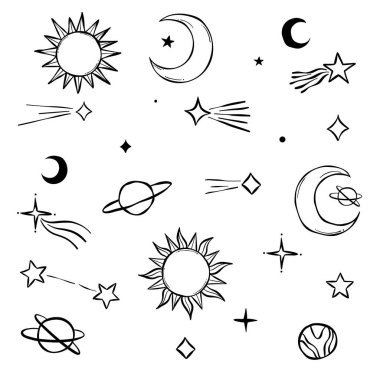 Göksel çizgi karalamaları, güneş ay ve yıldız elementleriyle oluşturulmuş vektör klipsi sanatı, sihirli illüstrasyon koleksiyonu