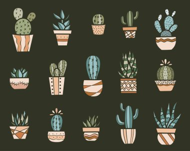 Şirin ev bitkisi el çizimi vektör çizimi seti, klipsli sanat öğeleri, saksıdaki bitkiler, kaktüs ve sulu karalama koleksiyonu.
