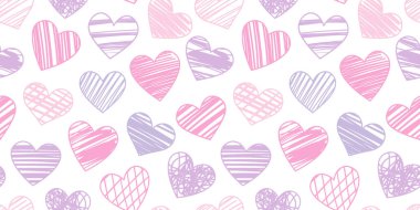El çizimi kalp vektörü tekrar desen beyaz ve mor sevgililer günü arkaplan tasarımı