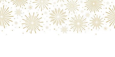 Altın havai fişek taşıyıcı bayrağı, yeni yıl kutlamaları için kusursuz tekrarlayan desen, tebrik kartı süsleme unsuru, basit altın sınır tasarımı, izole edilmiş