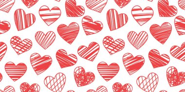 Kırmızı desenli kalp deseni, sevgililer günü kutlaması için vektör arkaplan, el çizimi kalpler olan beyaz duvar kağıdı, tekrar eden