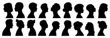 İnsan profili siluetleri, yana bakan farklı yüzler, vektör klipsleri, izole edilmiş sanat seti