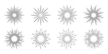 Retro güneş patlaması çizgisi sanat unsurları ayarlandı, güneş vektörü illüstrasyon koleksiyonu
