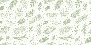 Yapraklı yeşil ve beyaz vektör duvar kağıdı, el çizimi.