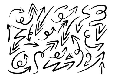 El çizimi ok karalamaları, izole grafik elementler, grunge işaret çizgisi yaratıcı kümesi