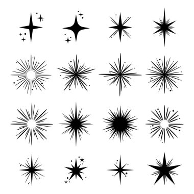 Yıldız simgesi seti, parıldayan yıldız patlaması çizimleri, izole grafik element dizaynı