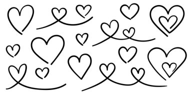 Kalp çizimleri, kalp çizimleri, aşk sembolleri koleksiyonu, izole edilmiş.