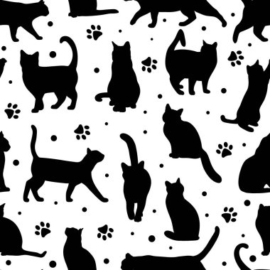 Kedi pürüzsüz desen, yavru kedi siluetleri ve pençeleri olan vektör tekrarı, basit siyah beyaz duvar kağıdı döşeme tasarımı.