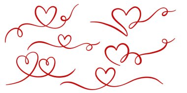 Kırmızı kalp kıvrımlı sanat döngüleri, el çizimi aşk sembolü seti, izole edilmiş