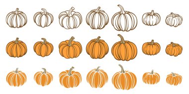 Pumpkins klipsli sanat seti, vektör çizgisi sanat ve siluet koleksiyonu, izole edilmiş