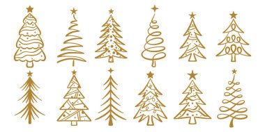 Noel ağacı, altın el çizilmiş tatil klipsi seti, izole edilmiş.