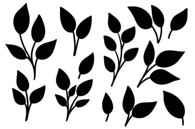 Yaprak siluetleri, ağaç dalı ikonu çizimi, sevimli yapraklar karalama seti, dekoratif klip sanatı