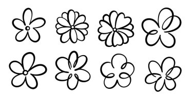 Çiçek karalamaları, sevimli mürekkep çizim seti, çizgi film dekorasyon koleksiyonu, izole edilmiş.