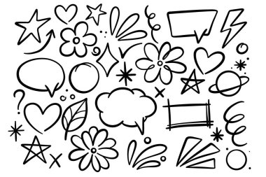 Karalama seti, karikatür el çizimi dekoratif unsurları vurgula, konuşma balonu, mürekkep örnekleme koleksiyonu