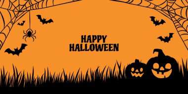 Mutlu Cadılar Bayramı selamlama şablonları, sevimli karikatür çerçevesi, mutlu balkabağı fenerleri ve korkunç örümcek ağı tasarım vektörü