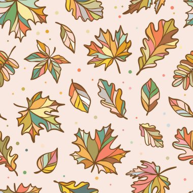 Kusursuz sonbahar yaprakları deseni, vektör yaprağı izi yinelenen fayans, renkli sonbahar duvar kağıdı veya noktalı tekstil tasarımı