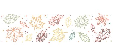 Elle çizilmiş renkli sonbahar yaprakları, tebrik kartları, vektör sonbahar tatili dekoratif unsurları için sınır tasarımı veya afişi.