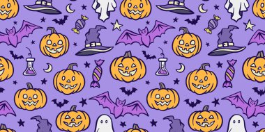 Cadılar Bayramı arkaplanı, karikatür çizimleriyle sevimli vektör deseni, kusursuz tekrarlayan duvar kağıdı tasarımı