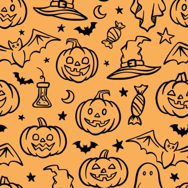 Tatlı Cadılar Bayramı vektör deseni, karikatür tekrarlama arka plan, şenlikli baskı tasarımı, sonsuz fayans