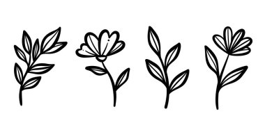 Çiçek ve yaprak mürekkep karalamaları, basit minimalist yaprak çizimleri, küçük botanik klip sanat dekoratif seti, izole edilmiş.