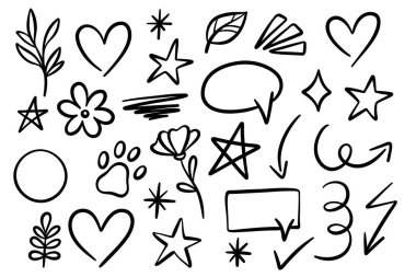 Çizgi film karalamaları, eğlenceli dekoratif mürekkep çizimleri, konuşma balonu ve karalamalar, önemli unsurlar, izole edilmiş